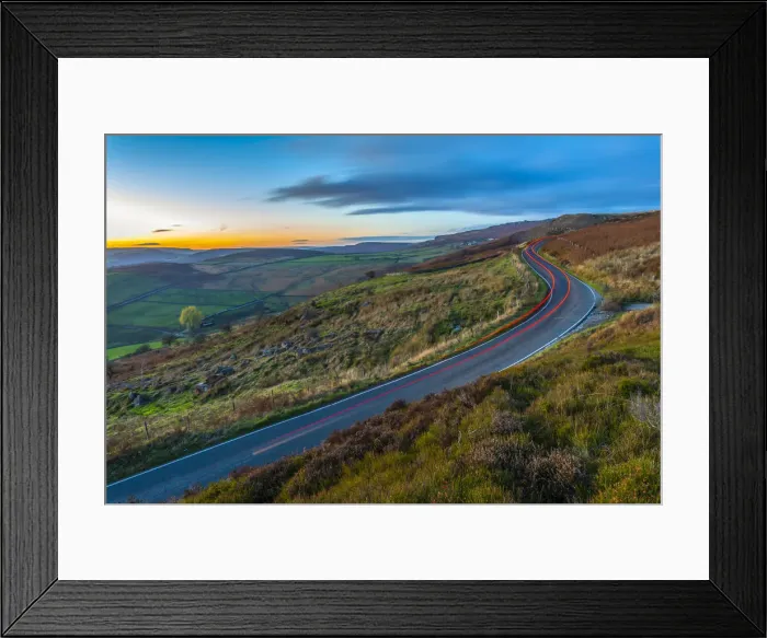 Framed Print : Car trail lights near Curbar Edge at dusk, Derbyshire, Peak District National Park Framed Print : Car trail lights near Curbar Edge at dusk, Derbyshire, Peak District National Park