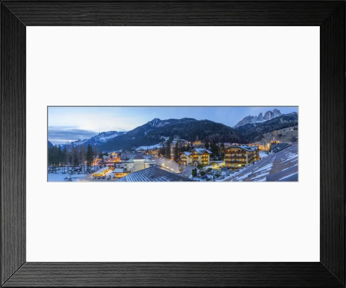 Framed Print : Panoramic rooftop view of Campitello di Fassa and GrohmannspitzePunta Grohmann at dusk in winter Framed Print : Panoramic rooftop view of Campitello di Fassa and GrohmannspitzePunta Grohmann at dusk in winter