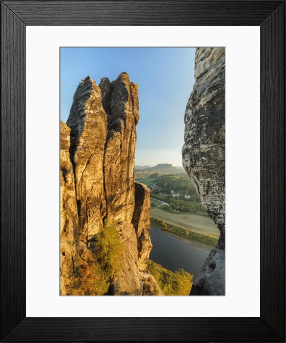 Framed Print : View from Bastei Rock Formation to Lilienstein Mountain, Elbsandstein Mountains Framed Print : View from Bastei Rock Formation to Lilienstein Mountain, Elbsandstein Mountains