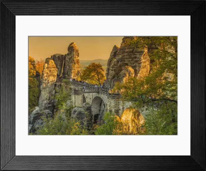 Framed Print : Bastei Bridge at sunset, Elbsandstein Mountains, Saxony Switzerland National Park Framed Print : Bastei Bridge at sunset, Elbsandstein Mountains, Saxony Switzerland National Park