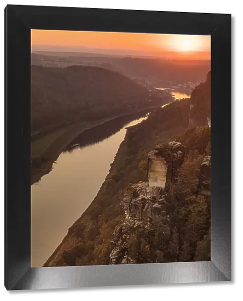 View from Bastei Rock Formation to Elbe River at sunset, Elbsandstein Mountains