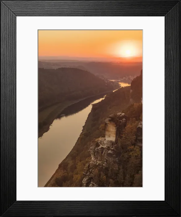 Framed Print : View from Bastei Rock Formation to Elbe River at sunset, Elbsandstein Mountains Framed Print : View from Bastei Rock Formation to Elbe River at sunset, Elbsandstein Mountains