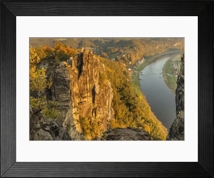 Framed Print : View from Bastei Rock Formation to Elbe River, Rathen, Elbsandstein Mountains, Saxony Framed Print : View from Bastei Rock Formation to Elbe River, Rathen, Elbsandstein Mountains, Saxony