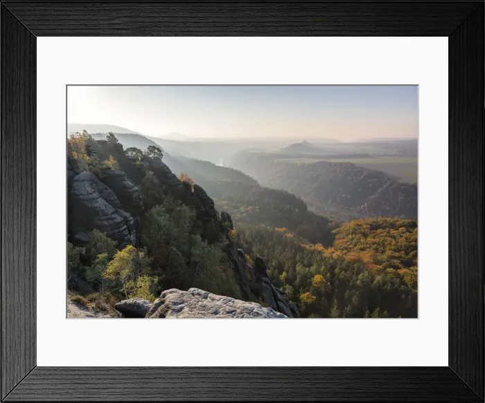 Framed Print : View from Schrammsteine Rocks to Elbtal Valley, Elbsandstein Mountains, Saxony Switzerland Framed Print : View from Schrammsteine Rocks to Elbtal Valley, Elbsandstein Mountains, Saxony Switzerland