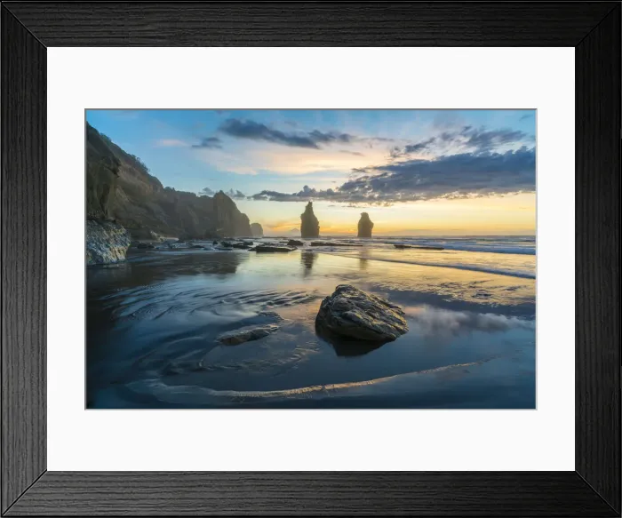 Framed Print : Reflection of the Three Sisters with low tide, at sunset, Tongaporutu, New Plymouth Framed Print : Reflection of the Three Sisters with low tide, at sunset, Tongaporutu, New Plymouth