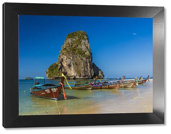 Long tail boats on Phra Nang Cave Beach on Railay in Ao Nang, Krabi Province, Thailand