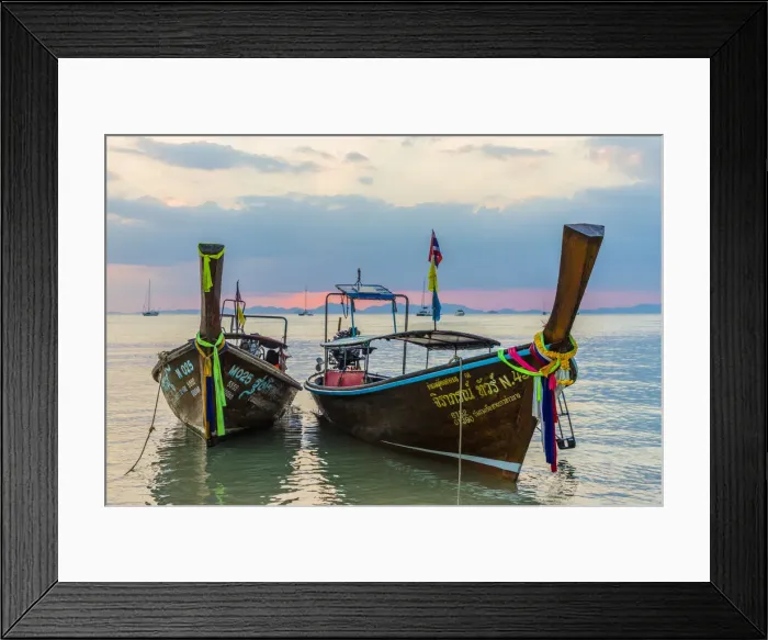 Framed Print : Long tail boats at sunset on Railay beach in Railay, Ao Nang, Krabi Province, Thailand Framed Print : Long tail boats at sunset on Railay beach in Railay, Ao Nang, Krabi Province, Thailand