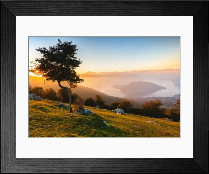 Framed Print : Iseo Lake and Monte Isola at sunset with fog in autumn season, Brescia Province, Lombardy Framed Print : Iseo Lake and Monte Isola at sunset with fog in autumn season, Brescia Province, Lombardy