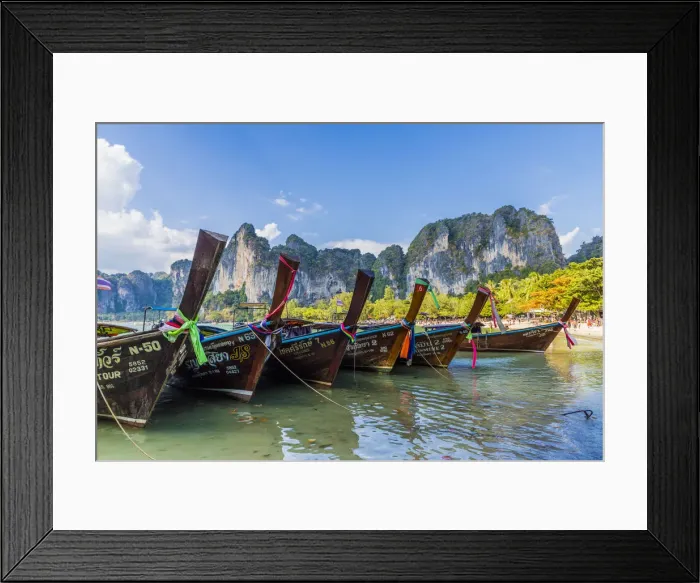 Framed Print : Long tail boats and karst scenery on Railay beach in Railay, Ao Nang, Krabi Province Framed Print : Long tail boats and karst scenery on Railay beach in Railay, Ao Nang, Krabi Province