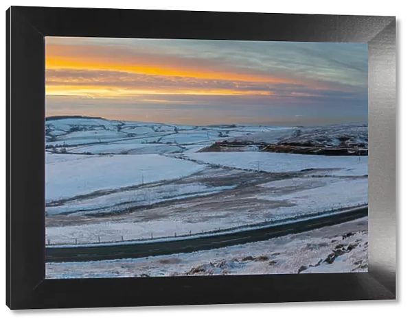 Panoramic view of frozen landscape near Macclesfield at sunset, High Peak, Cheshire
