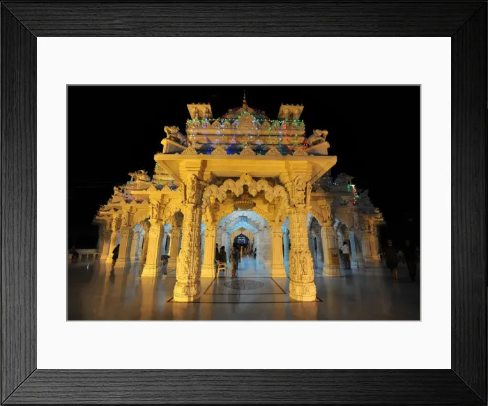 Framed Print : Entrance to the beautiful white marble Swaminarayan Temple, illuminated for evening Framed Print : Entrance to the beautiful white marble Swaminarayan Temple, illuminated for evening