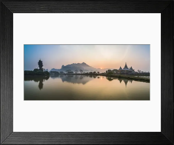 Framed Print : Kyauk Kalap Buddhist Temple in the middle of a lake at sunrise, Hpa An, Kayin State