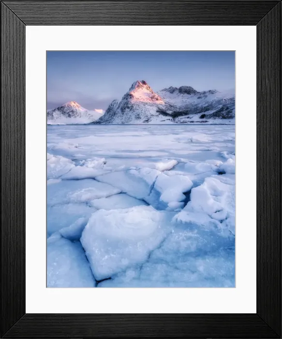 Framed Print : Frozen lake in front of mountain in the early morning light, Lofoten Islands, Nordland Framed Print : Frozen lake in front of mountain in the early morning light, Lofoten Islands, Nordland