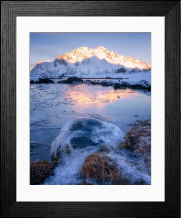 Framed Print : Frozen lake and mountain of the Lofoten Islands, Nordland, Norway, Europe Framed Print : Frozen lake and mountain of the Lofoten Islands, Nordland, Norway, Europe
