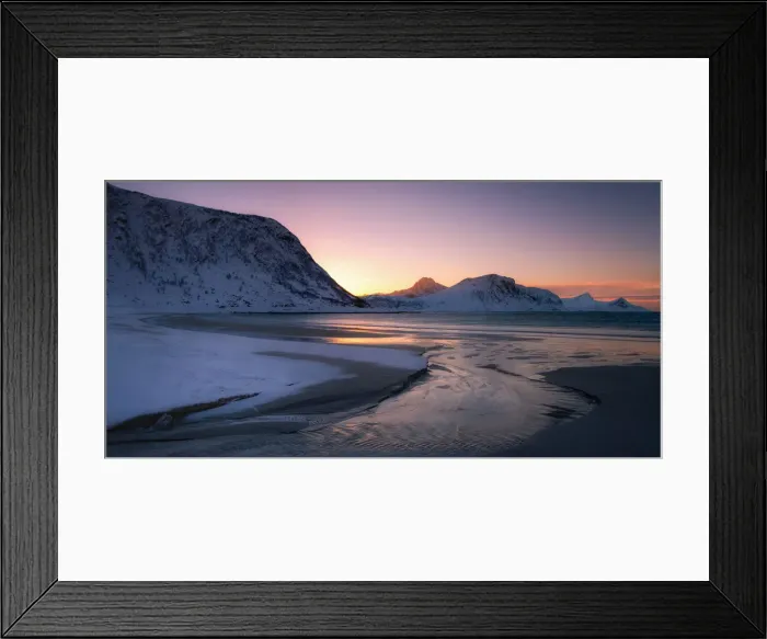 Framed Print : Snow covered Haukland Beach at sunset, Lofoten, Nordland, Norway, Europe Framed Print : Snow covered Haukland Beach at sunset, Lofoten, Nordland, Norway, Europe