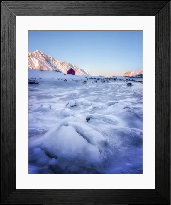 Framed Print : Red rorbuer hut set against a frozen lake, Lofoten Islands, Nordland, Norway, Europe Framed Print : Red rorbuer hut set against a frozen lake, Lofoten Islands, Nordland, Norway, Europe