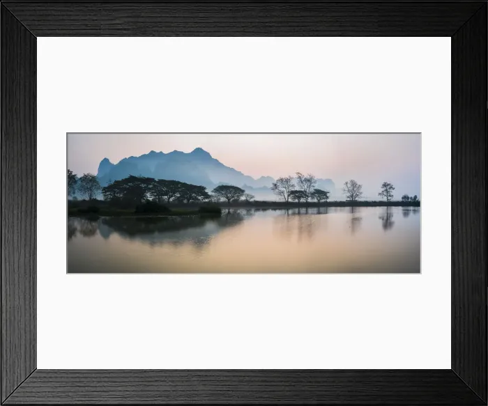 Framed Print : Misty morning at Kyauk Kalap Buddhist Temple at sunrise, Hpa An, Kayin State, Myanmar Framed Print : Misty morning at Kyauk Kalap Buddhist Temple at sunrise, Hpa An, Kayin State, Myanmar