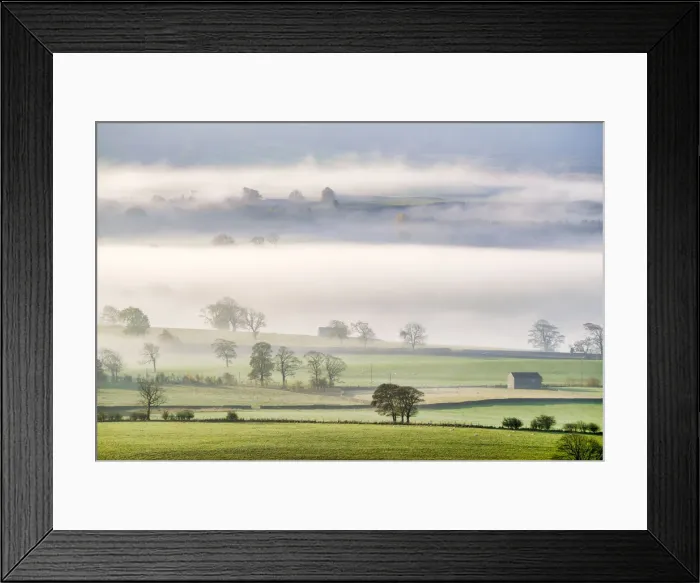 Framed Print : Mist rising over East Halton and Embsay in Lower Wharfedale, North Yorkshire, Yorkshire Framed Print : Mist rising over East Halton and Embsay in Lower Wharfedale, North Yorkshire, Yorkshire