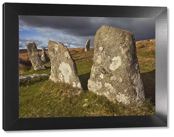 Standing stones at the prehistoric Scorhill Stone Circle, on Gidleigh Common, Dartmoor