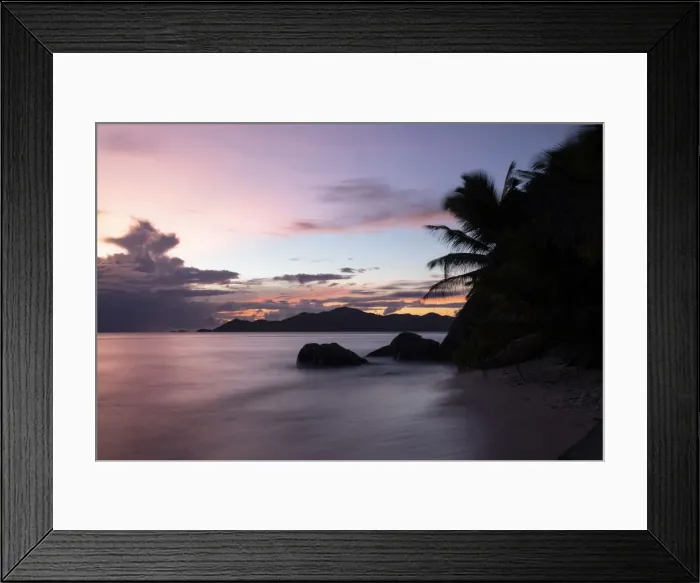 Framed Print : Sunset at Anse Source d Argent looking toward Praslin, Union Estate Park, La Digue Framed Print : Sunset at Anse Source d Argent looking toward Praslin, Union Estate Park, La Digue