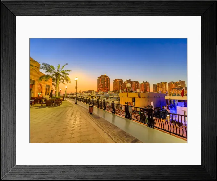 Framed Print : Marina corniche promenade at night in Porto Arabia at the Pearl-Qatar, with residential Framed Print : Marina corniche promenade at night in Porto Arabia at the Pearl-Qatar, with residential