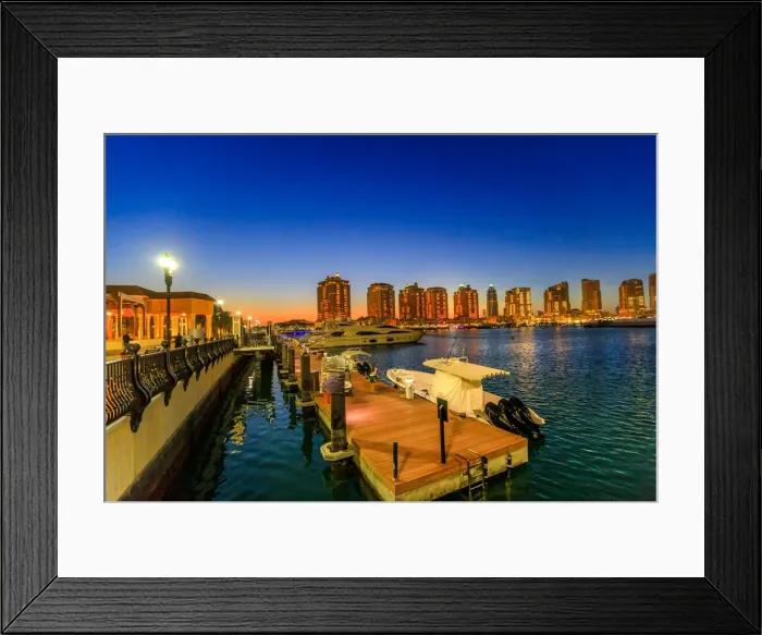 Framed Print : Luxurious yachts and boats docked at Porto Arabia Marina at night, The Pearl-Qatar