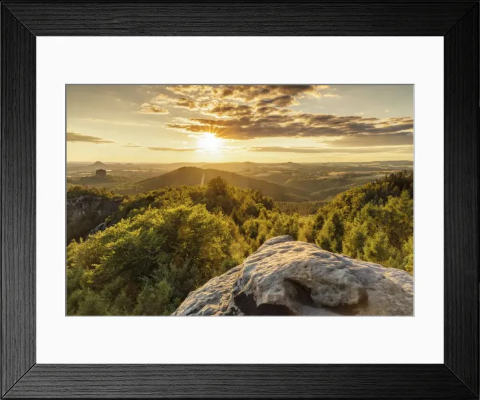 Framed Print : View over Carolafelsen Rocks to Schrammstein Mountains at sunset, Saxony Switzerland Framed Print : View over Carolafelsen Rocks to Schrammstein Mountains at sunset, Saxony Switzerland