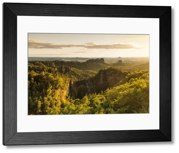 Framed Print : View over Carolafelsen Rocks at sunset, Elbsandstein Mountains, Saxony Switzerland Framed Print : View over Carolafelsen Rocks at sunset, Elbsandstein Mountains, Saxony Switzerland