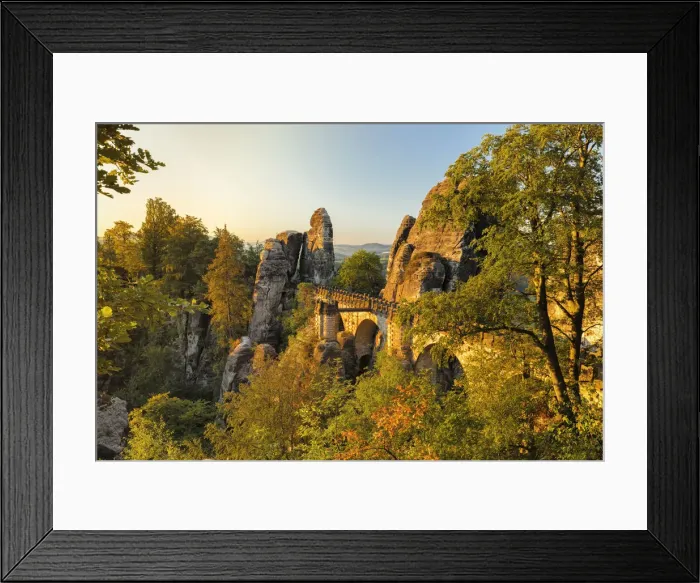 Framed Print : Bastei Bridge at sunrise, Elbsandstein Mountains, Saxony Switzerland National Park Framed Print : Bastei Bridge at sunrise, Elbsandstein Mountains, Saxony Switzerland National Park