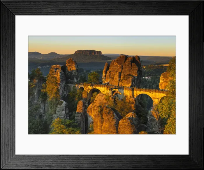 Framed Print : View from Bastei Bridge at sunrise to Lilienstein Mountain, Elbsandstein Mountains Framed Print : View from Bastei Bridge at sunrise to Lilienstein Mountain, Elbsandstein Mountains