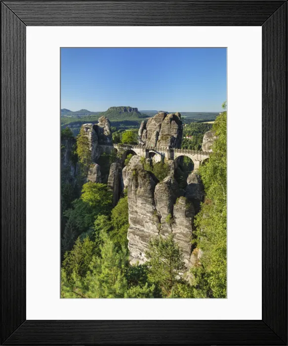 Framed Print : View from Bastei Bridge to Lilienstein Mountain, Elbsandstein Mountains, Saxony, Germany Framed Print : View from Bastei Bridge to Lilienstein Mountain, Elbsandstein Mountains, Saxony, Germany