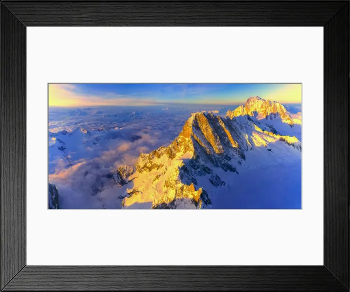 Framed Print : Aerial panoramic of Grandes Jorasses, Petites Jorasses and Mont Blanc at sunrise Framed Print : Aerial panoramic of Grandes Jorasses, Petites Jorasses and Mont Blanc at sunrise