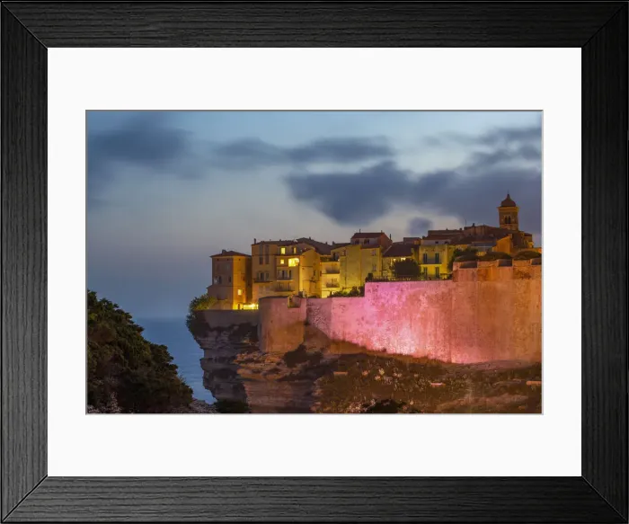 Framed Print : Night view of the Citadel and old town of Bonifacio perched on rugged cliffs, Bonifacio Framed Print : Night view of the Citadel and old town of Bonifacio perched on rugged cliffs, Bonifacio