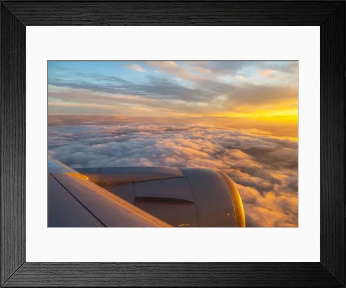 Framed Print : Generic view from airplane window of airplane wing and sunrise over England, United Framed Print : Generic view from airplane window of airplane wing and sunrise over England, United