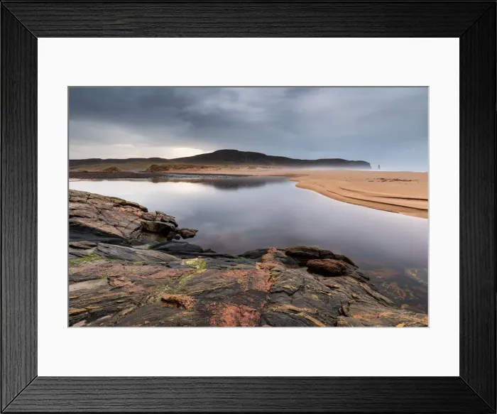 Framed Print : Rock formations at Sandwood Bay, with Am Buachaille sea stack in far distance, Sutherland Framed Print : Rock formations at Sandwood Bay, with Am Buachaille sea stack in far distance, Sutherland