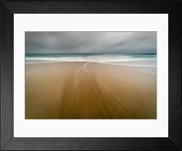 Framed Print : Water trails on Sennen Beach, with Brissons in far distance, Sennen, Cornwall, England Framed Print : Water trails on Sennen Beach, with Brissons in far distance, Sennen, Cornwall, England