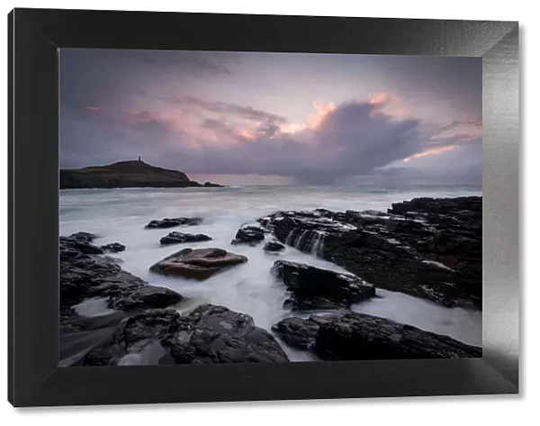 Cape Cornwall, as seen from Kenidjack Valley at sunset with stormy sky, Cornwall, England