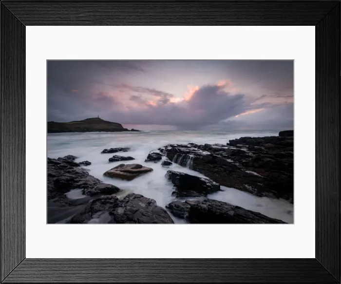 Framed Print : Cape Cornwall, as seen from Kenidjack Valley at sunset with stormy sky, Cornwall, England Framed Print : Cape Cornwall, as seen from Kenidjack Valley at sunset with stormy sky, Cornwall, England