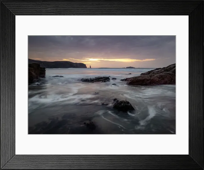 Framed Print : Am Buachaille sea stack at sunset, Sandwood Bay, Sutherland, Scotland, United Kingdom Framed Print : Am Buachaille sea stack at sunset, Sandwood Bay, Sutherland, Scotland, United Kingdom