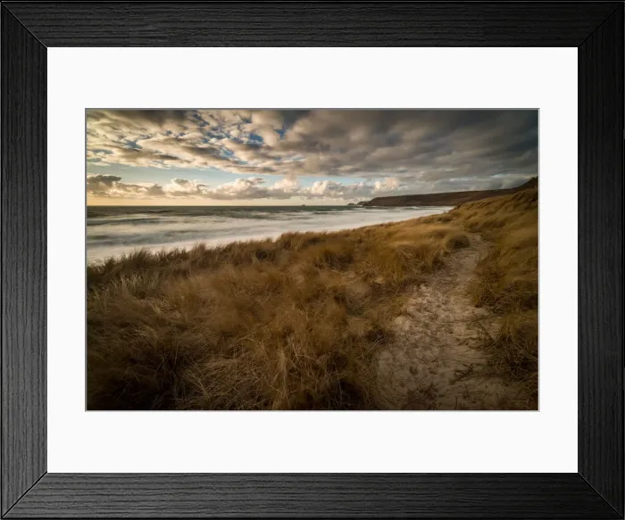 Framed Print : Sennen Beach in early evening, with Brissons and Cape Cornwall far distance, Sennen Framed Print : Sennen Beach in early evening, with Brissons and Cape Cornwall far distance, Sennen