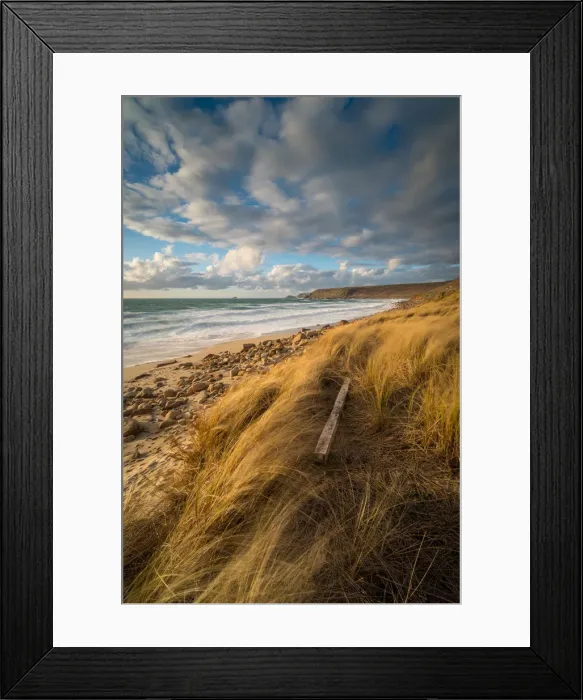 Framed Print : Fence post in foreground, with Brissons and Cape Cornwall in the far distance, Sennen Framed Print : Fence post in foreground, with Brissons and Cape Cornwall in the far distance, Sennen