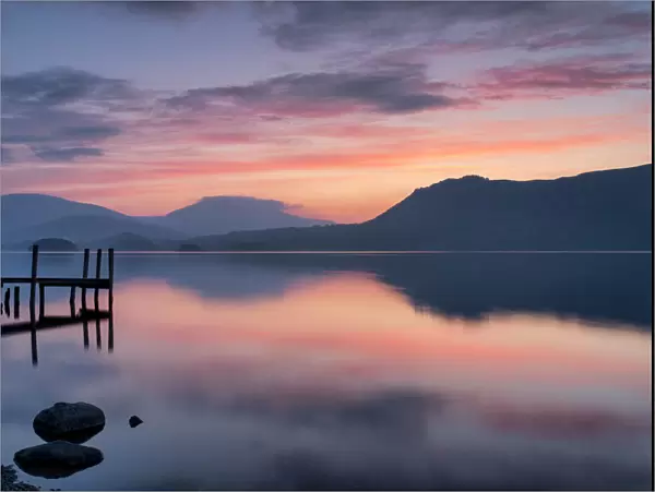 Brandlehow Jetty at dawn, Derwent Water, Lake District National Park, UNESCO World