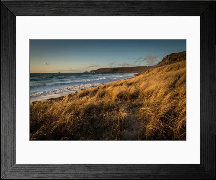 Framed Print : Brissons and Cape Cornwal in the far distance in the late afternoon, Sennen Beach Framed Print : Brissons and Cape Cornwal in the far distance in the late afternoon, Sennen Beach
