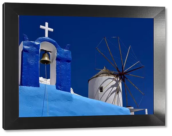 Oia Church and Windmill, Oia, Santorini, Cyclades, Aegean Islands, Greek Islands, Greece