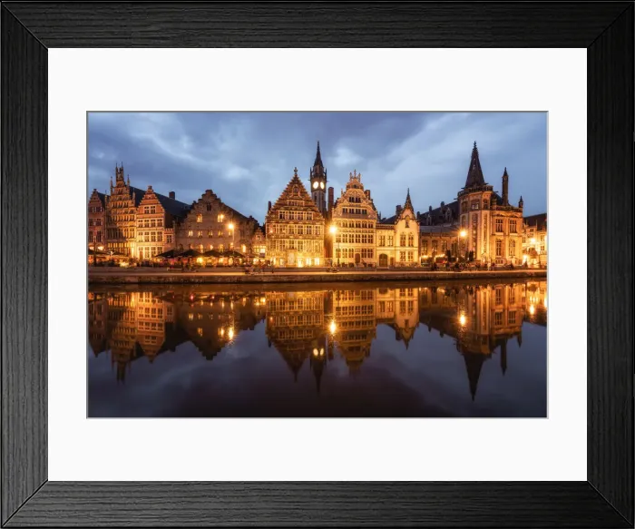 Framed Print : Graslei in the historic city of Ghent reflected in Leie river during blue hour, Ghent Framed Print : Graslei in the historic city of Ghent reflected in Leie river during blue hour, Ghent
