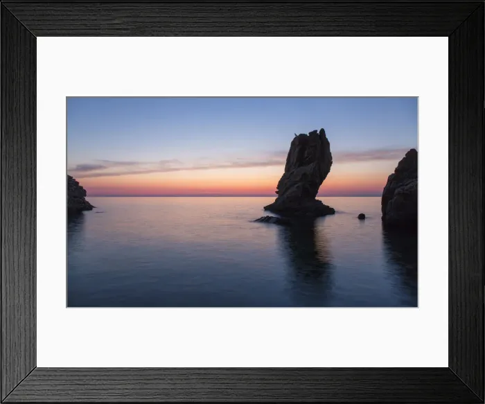 Framed Print : View from Calura Bay across the Tyrrhenian Sea, dawn, rock stack silhouetted against Framed Print : View from Calura Bay across the Tyrrhenian Sea, dawn, rock stack silhouetted against