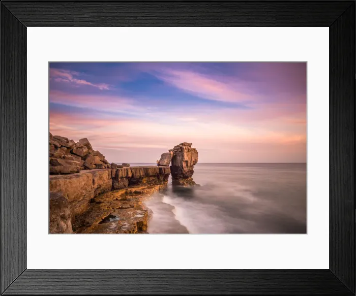 Framed Print : Sunset at Pulpit Rock, limestone sea stack on heavily quarried coast of Portland Bill Framed Print : Sunset at Pulpit Rock, limestone sea stack on heavily quarried coast of Portland Bill