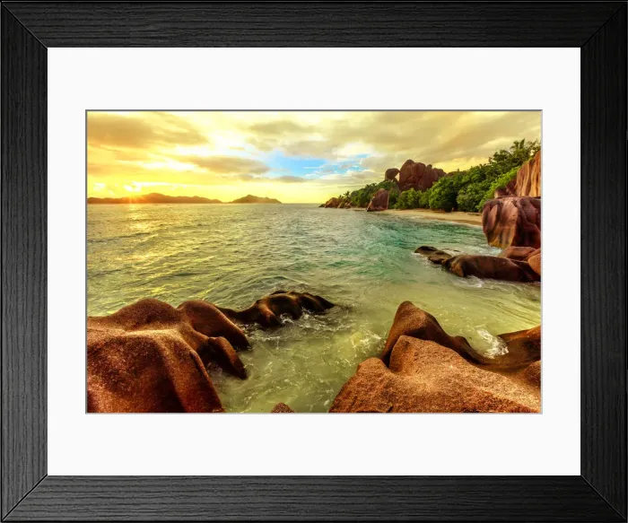 Framed Print : Colorful sky at twilight Anse Source d Argent Beach, La Digue, Seychelles, Indian Framed Print : Colorful sky at twilight Anse Source d Argent Beach, La Digue, Seychelles, Indian