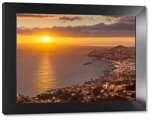 Funchal skyline at sunset with city night lights, Funchal, Madeira, Portugal, Atlantic