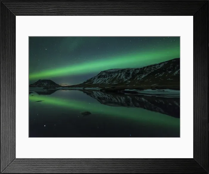 Framed Print : Aurora borealis (Northern Lights) reflected in partially frozen lake, North Snaefellsnes Framed Print : Aurora borealis (Northern Lights) reflected in partially frozen lake, North Snaefellsnes